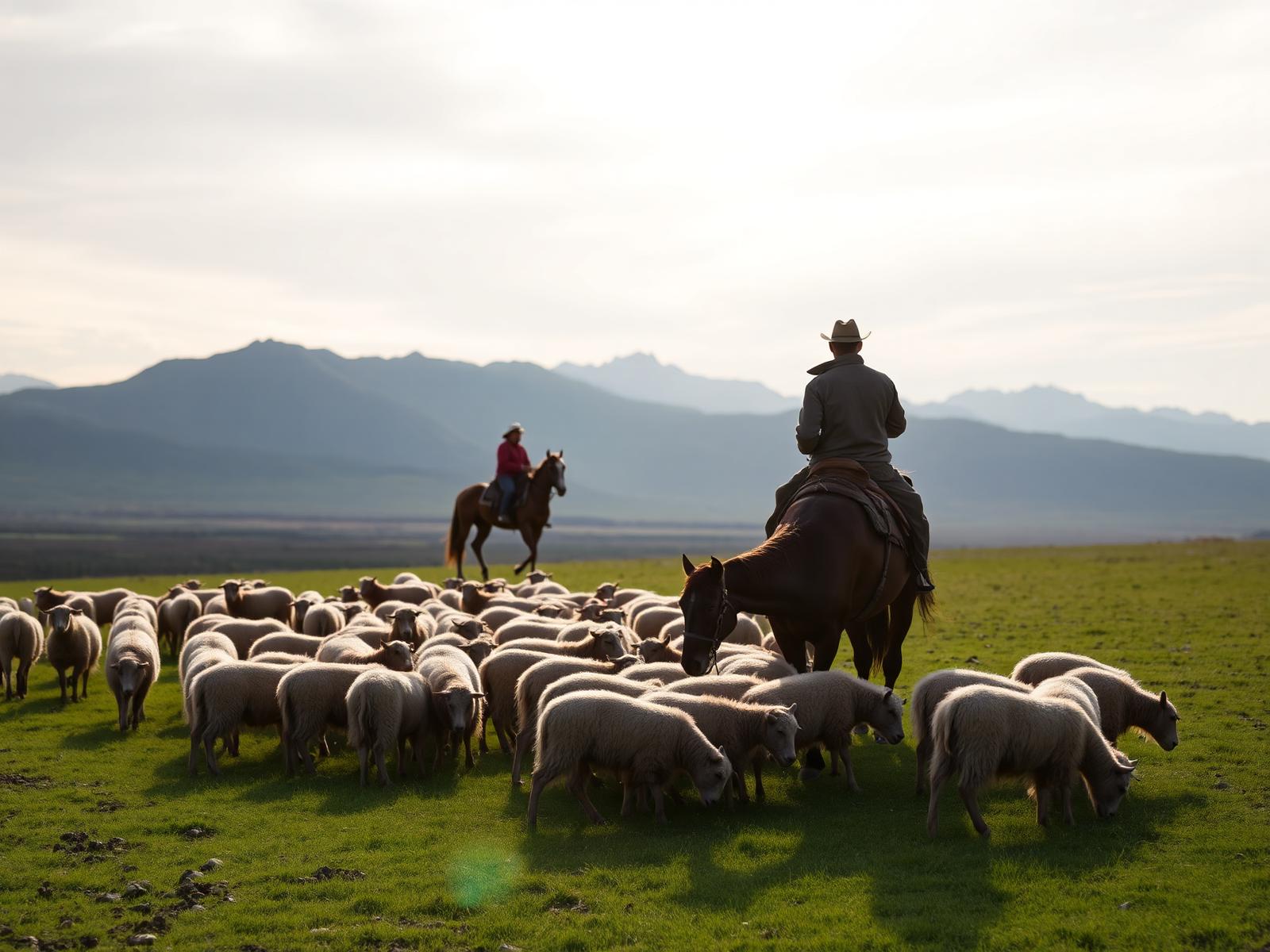 Mongolian herder with sheep and horses on the steppe